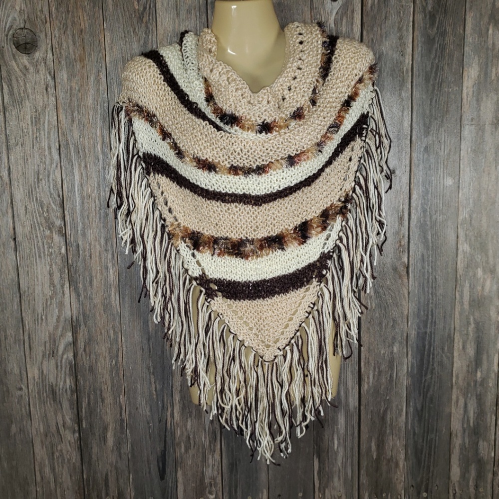 Beige Brown Hand Knitted Shawl Scarf Wrap Boho New - Picture 6 of 9